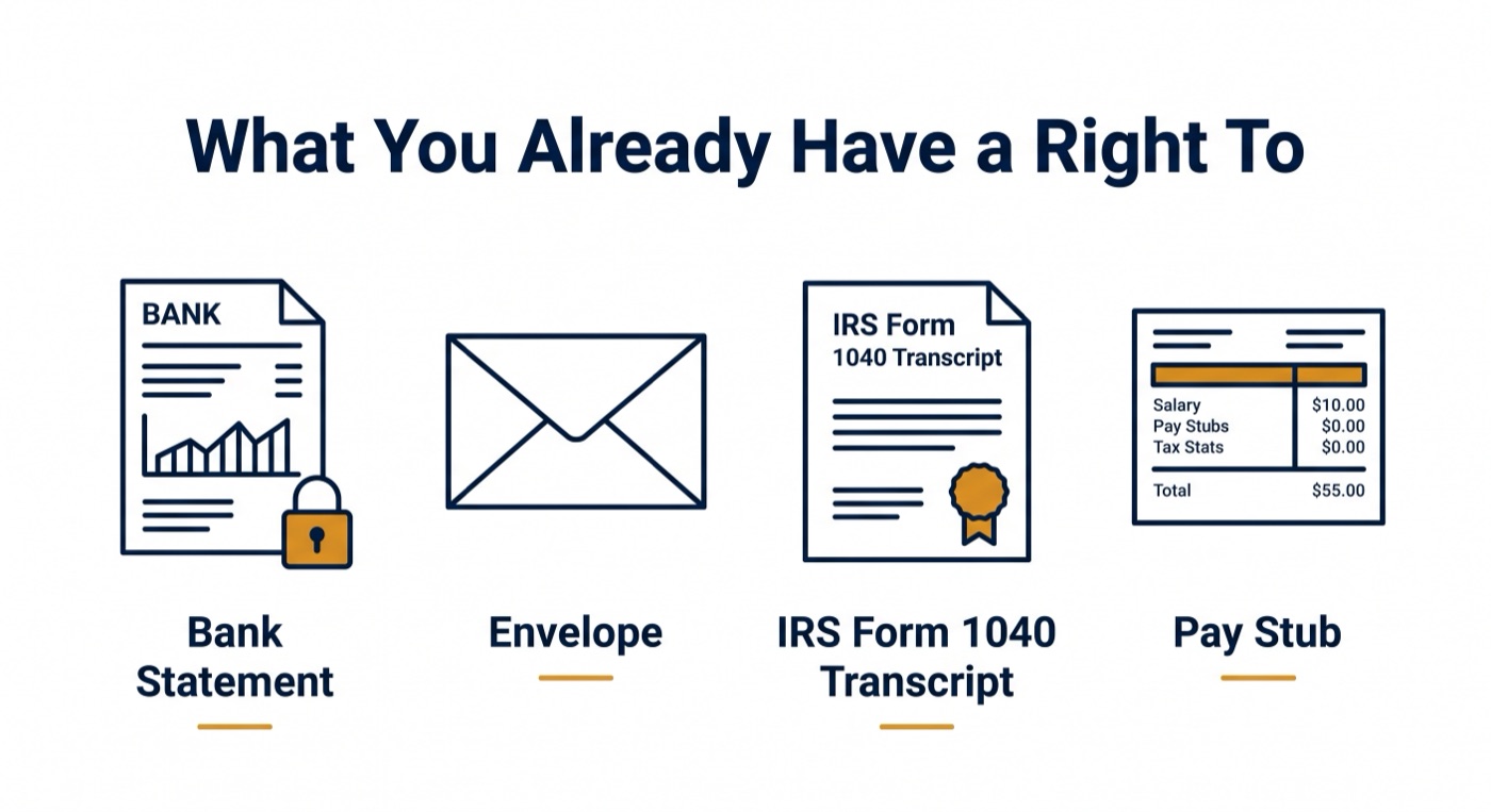 Records you already have a right to: bank statements, mail, IRS transcripts, pay stubs