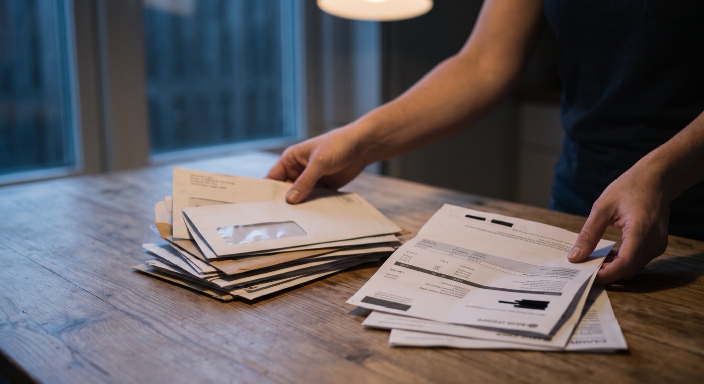 Hands sorting through a stack of opened mail and statements at a table