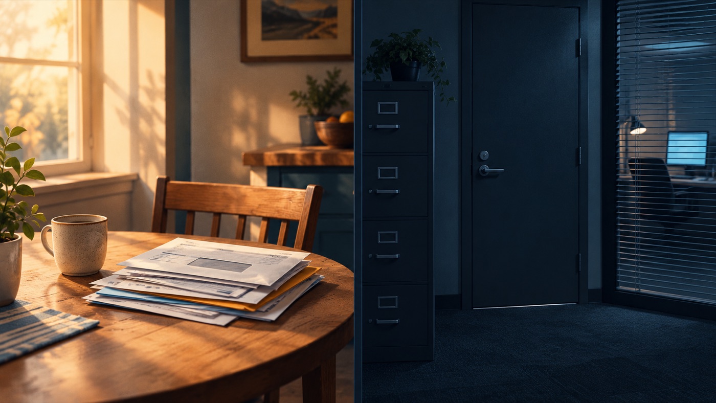 A warm kitchen table of opened mail beside a locked office filing cabinet