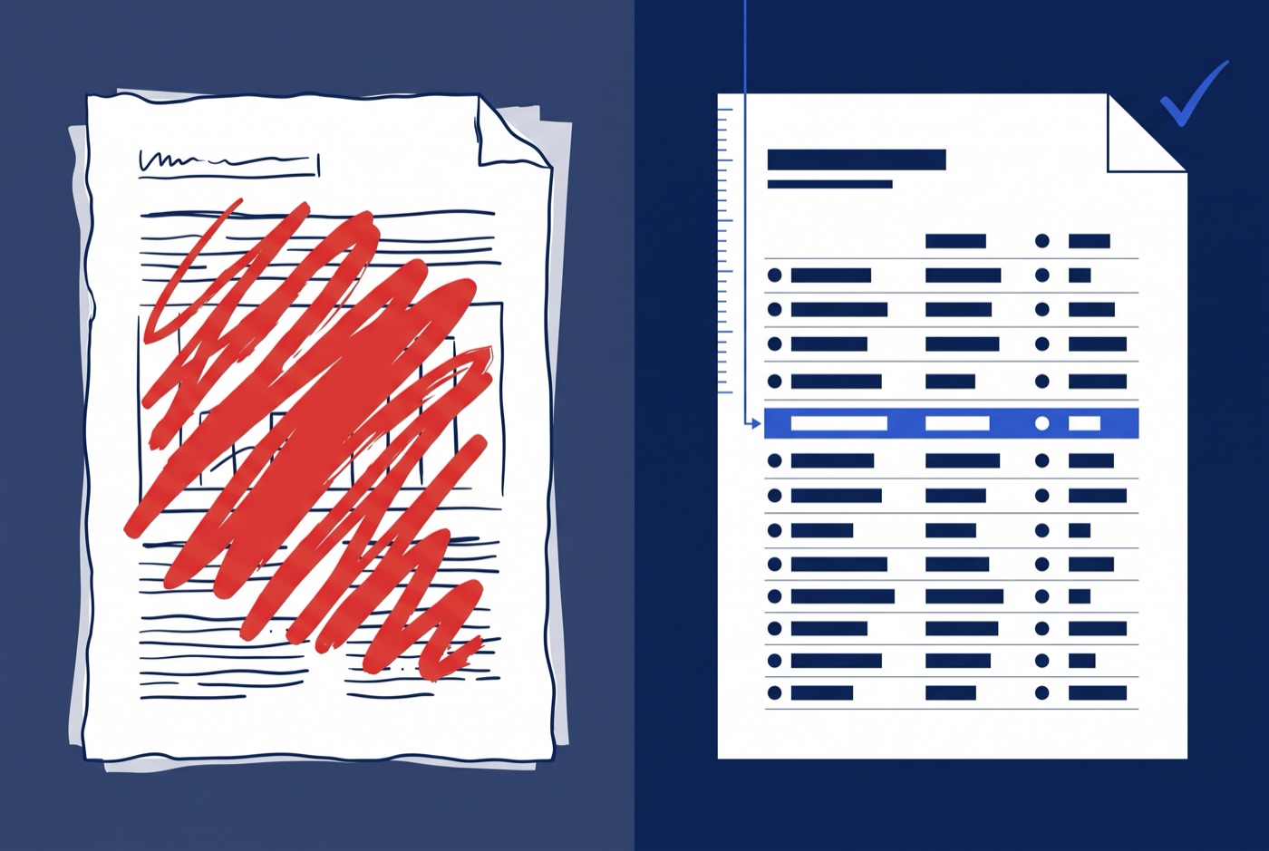A scribbled-over document beside a clean, cited one