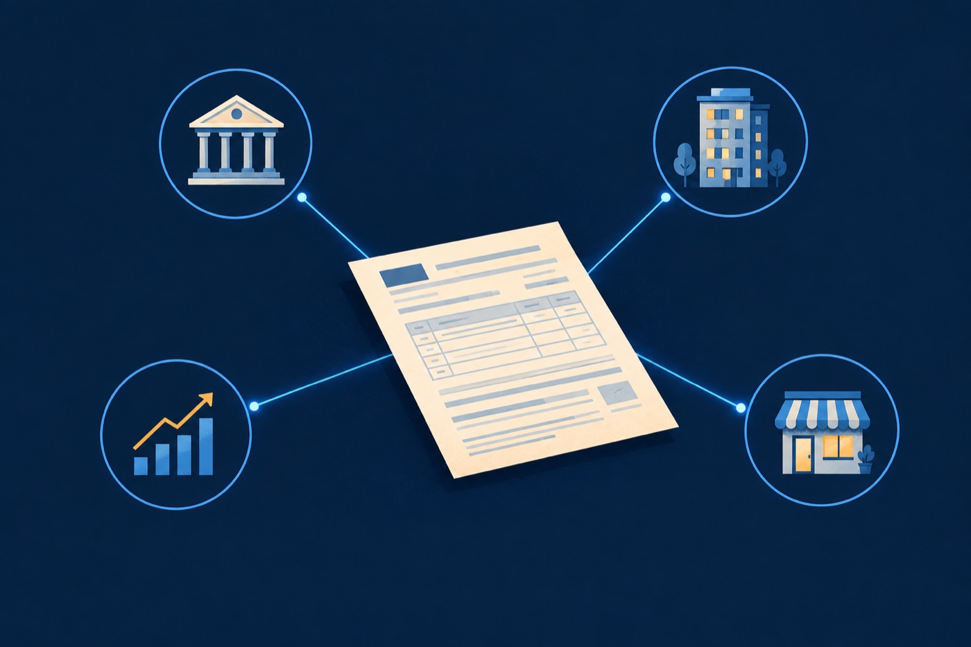 A tax return radiating lines to a bank, a rental building, a brokerage, and a storefront