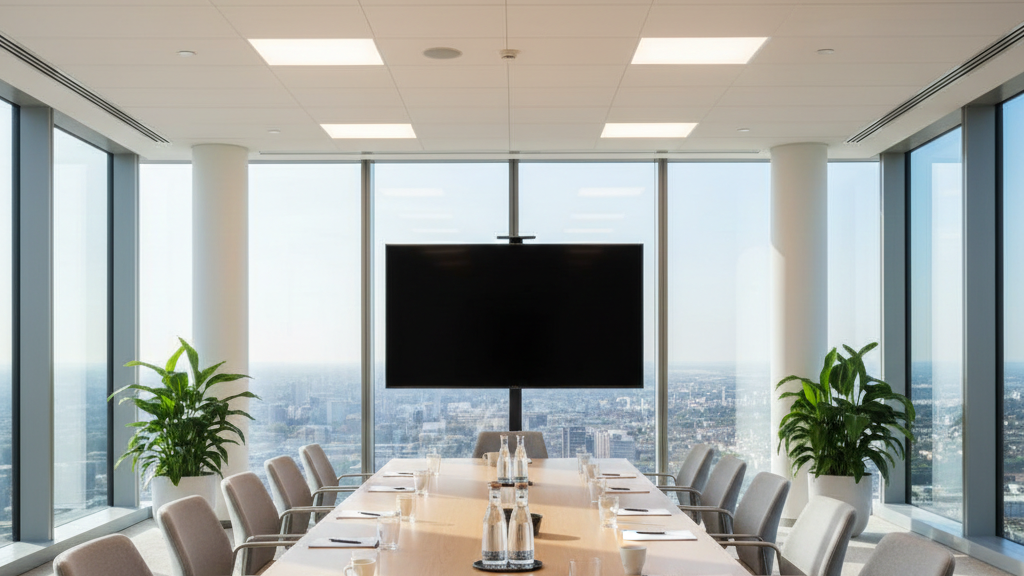 Split office cubicle, one side in-person, one side on video call