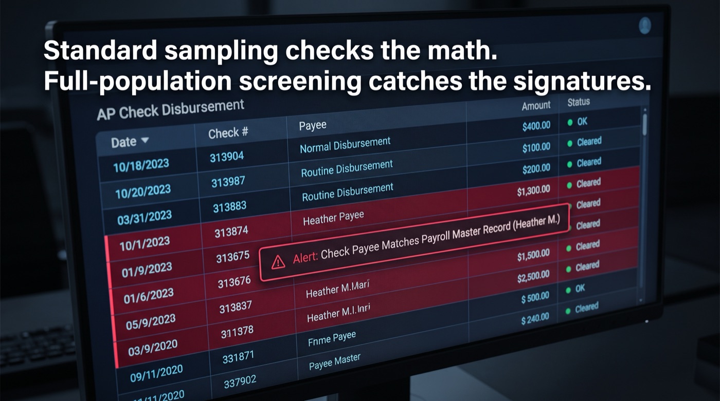 Standard sampling checks the math. Full-population screening catches the signatures.